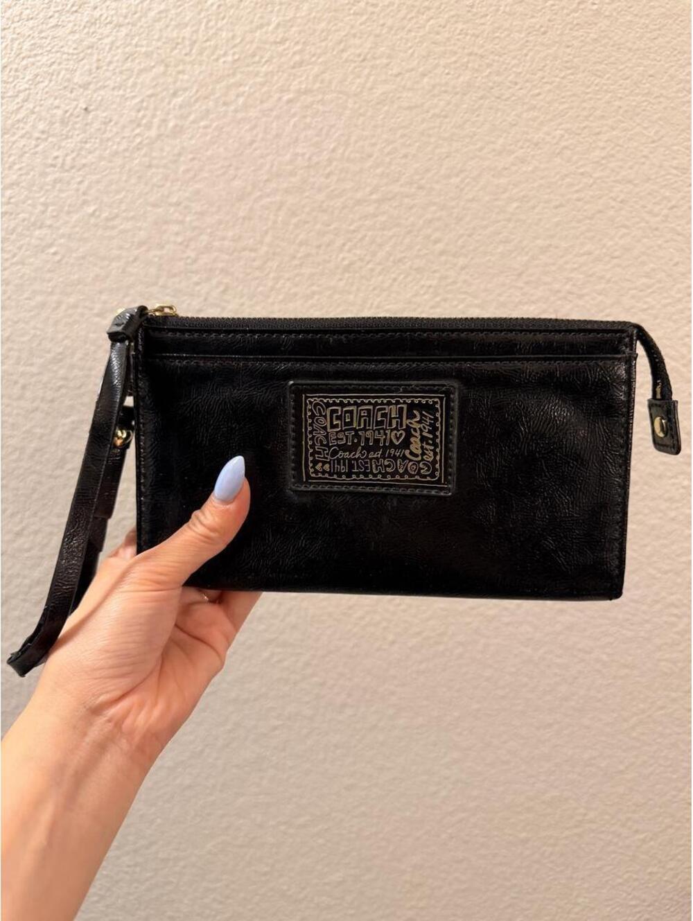 Coach Poppy Black Leather Wristlet with Gold Hardware